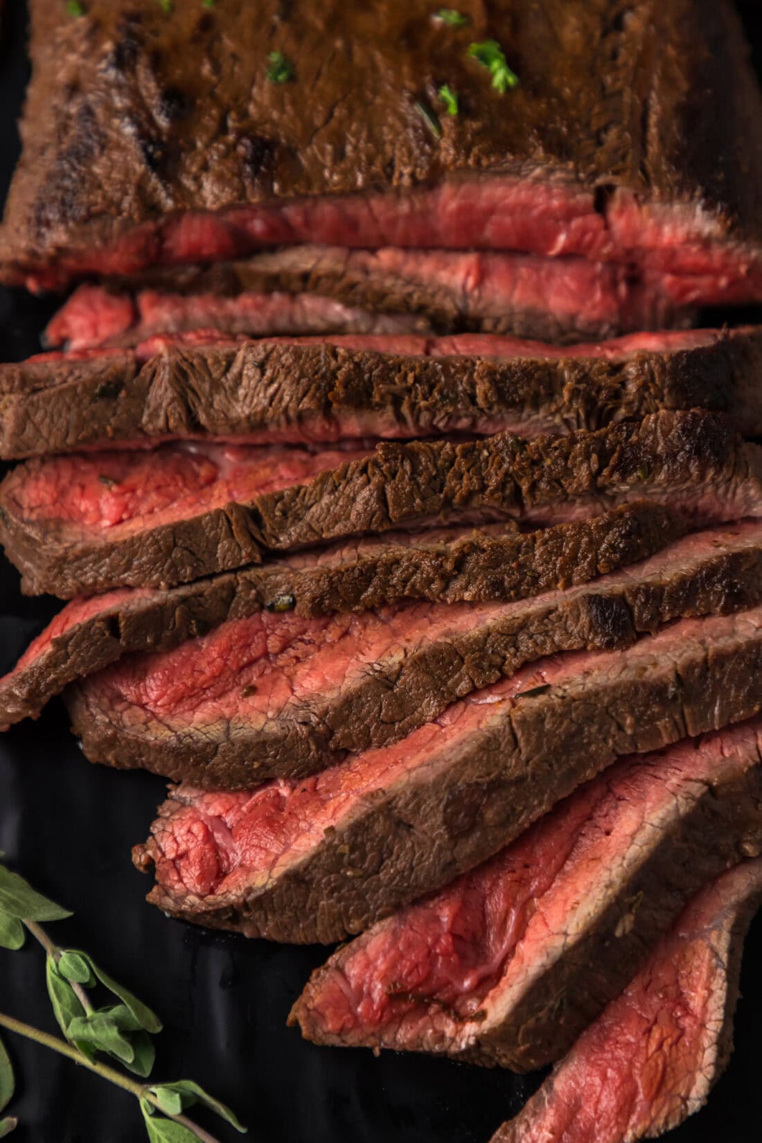 Close up photo of Flat Iron Steak cut into slices