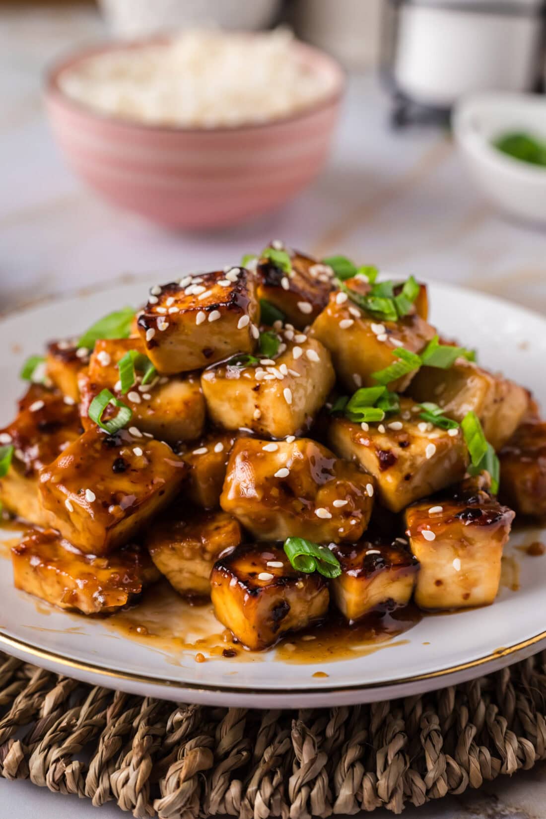 Honey Garlic Tofu piled up on a plate