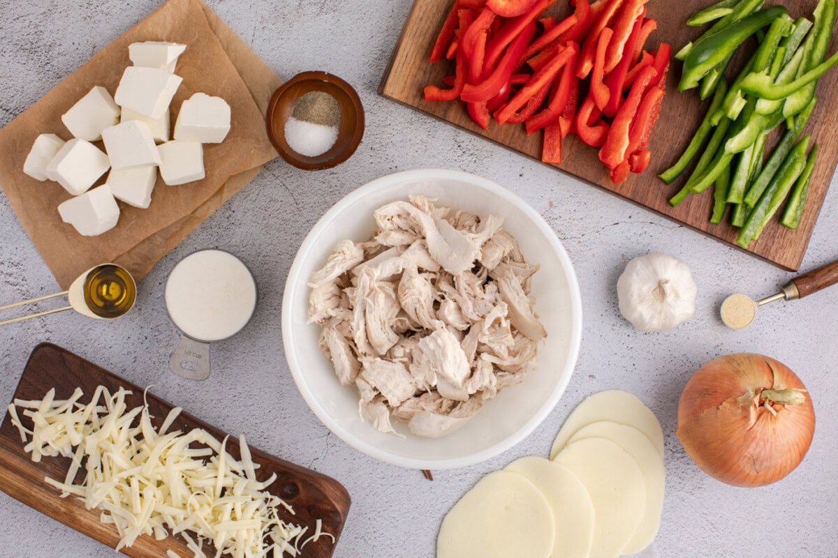 Ingredients for Philly Chicken Cheesesteak Casserole