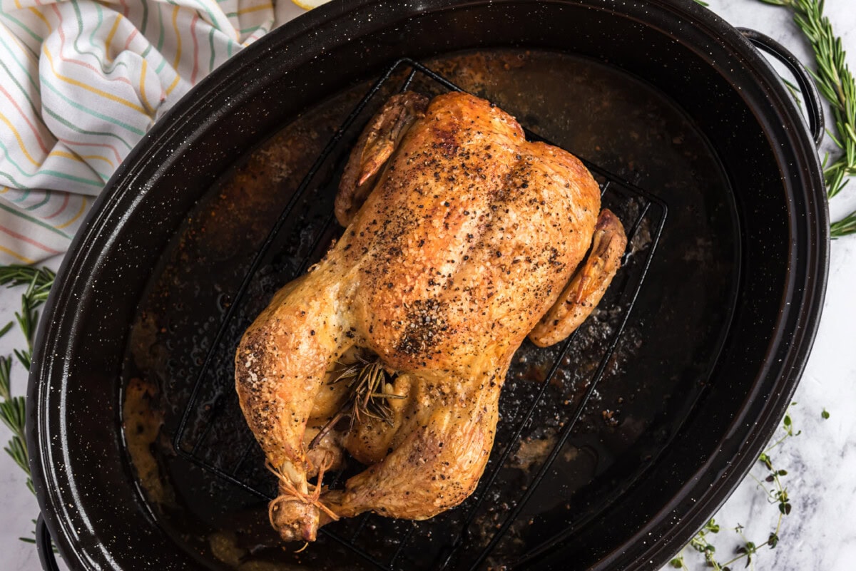 overhead of crispy golden whole roasted chicken