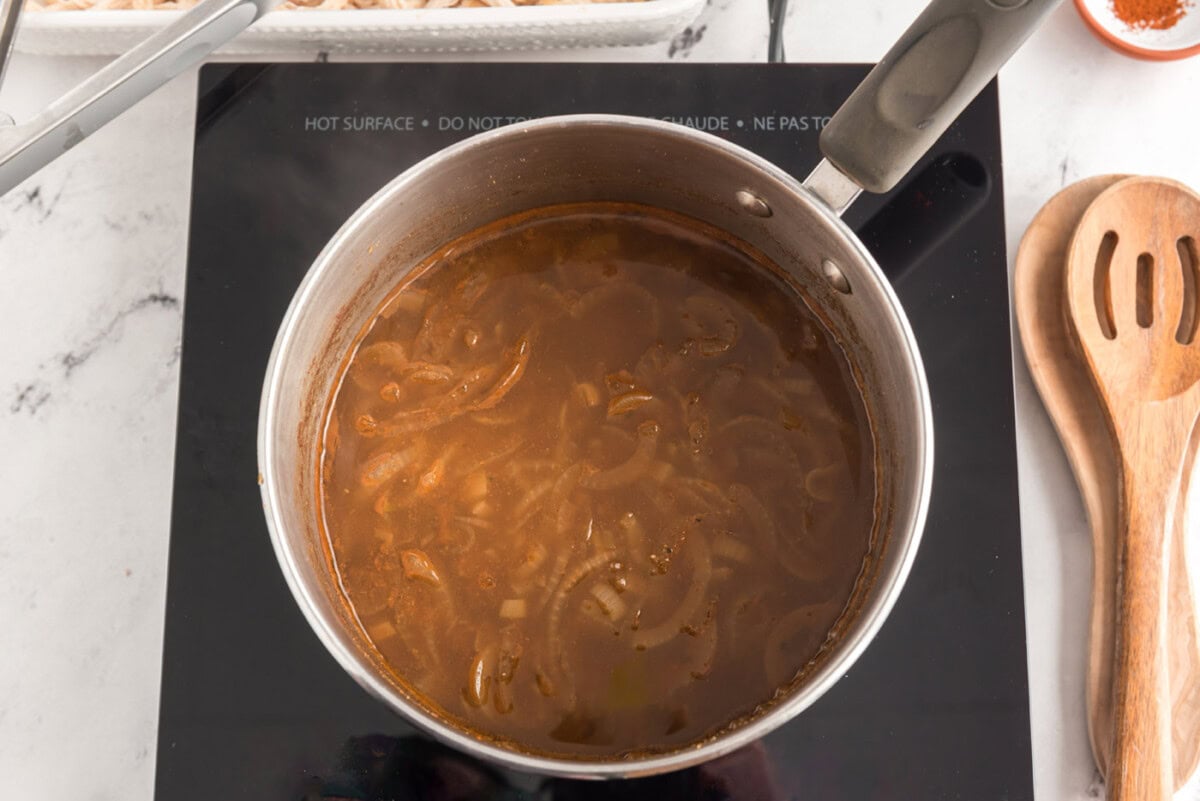 chicken enchilada filling in a saucepan