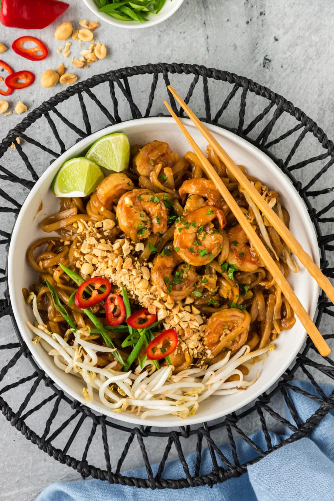 Bowl of Shrimp Pad Thai with chopsticks