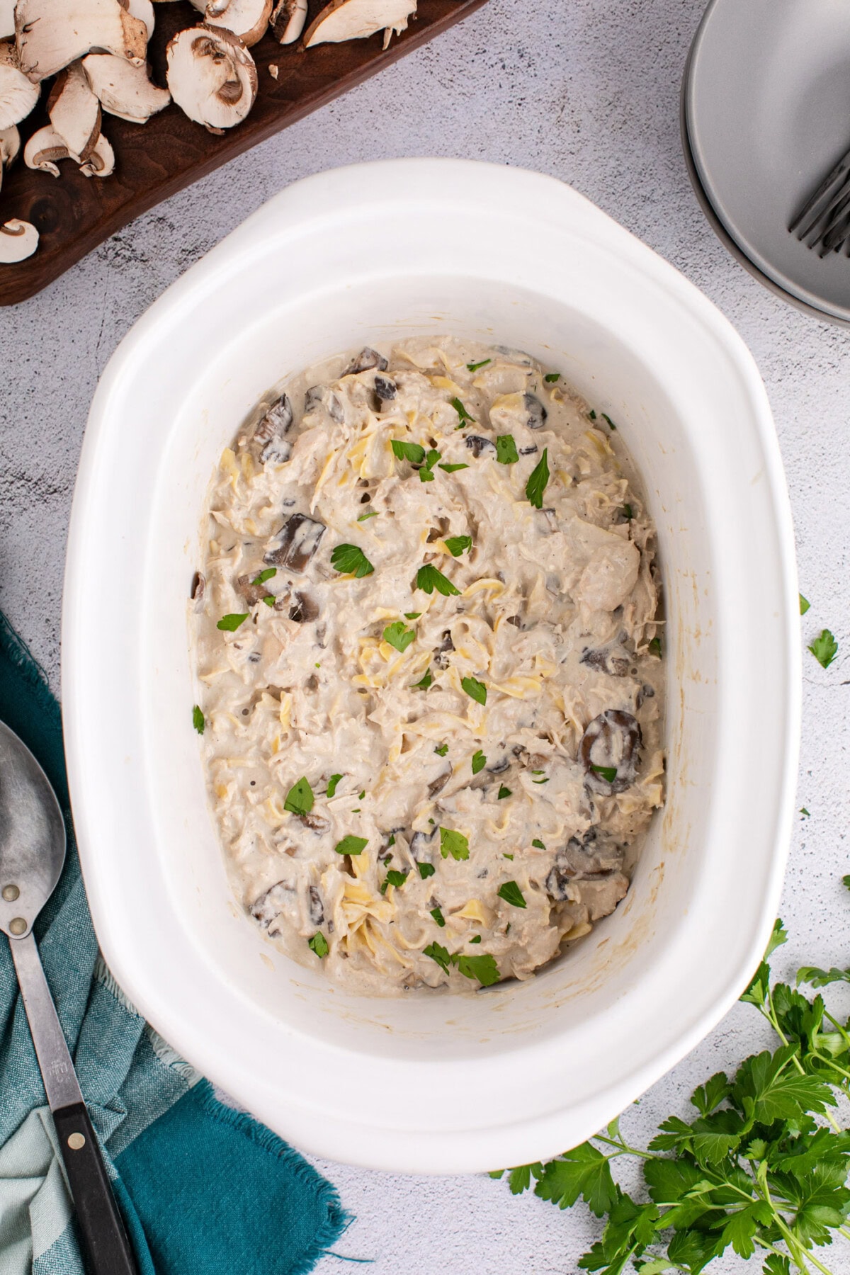 Overhead photo of Slow Cooker Chicken Stroganoff