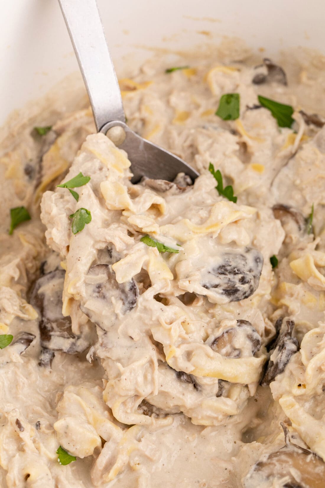 Close up photo of a spoonful of Slow Cooker Chicken Stroganoff
