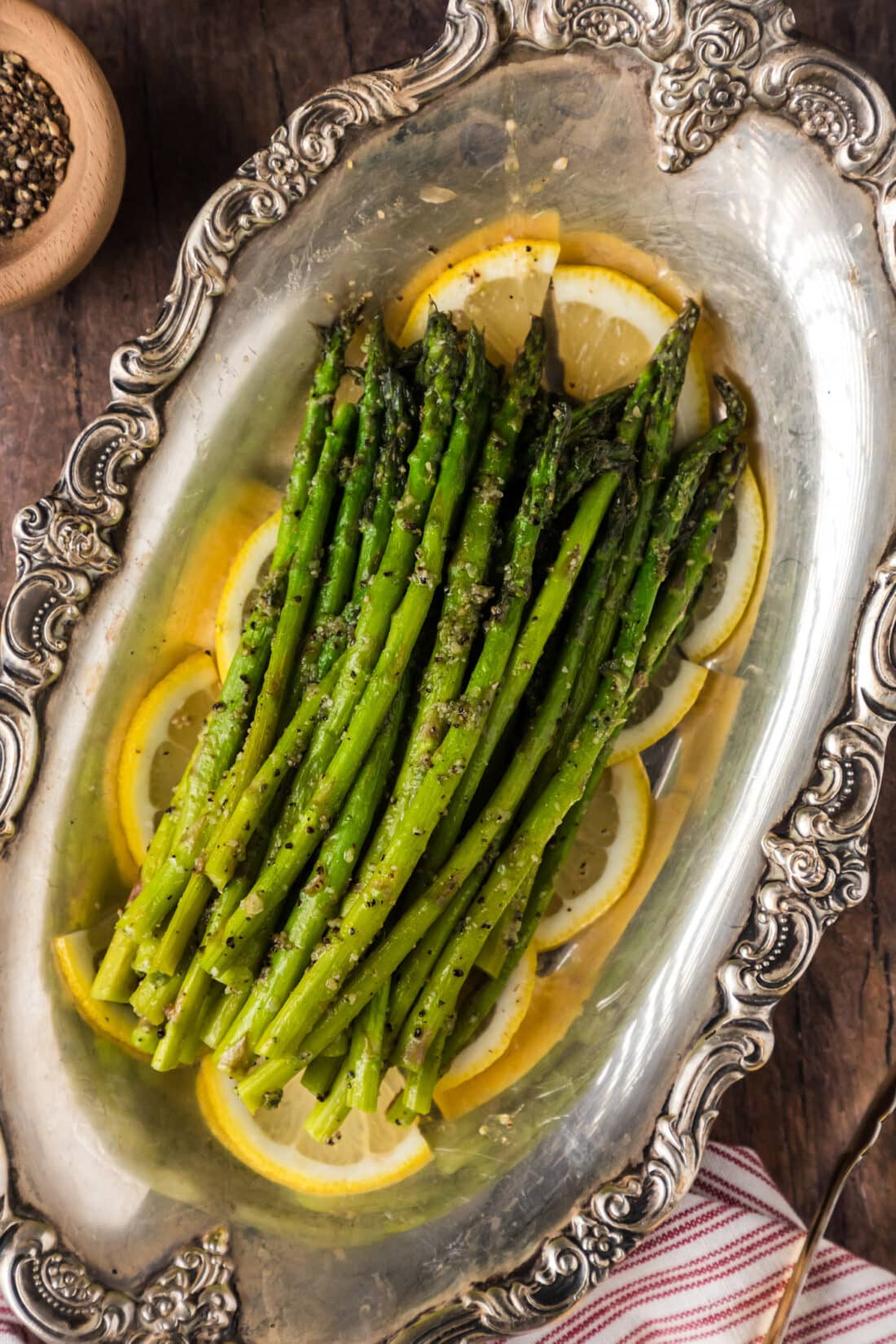 Steamed Asparagus in an antique platter 