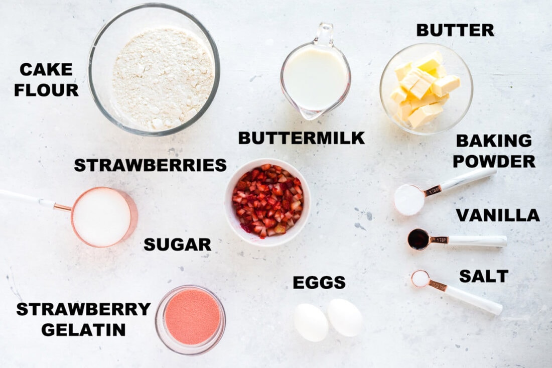 Labeled ingredients for Strawberry Cake