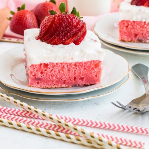 Close up photo of a slice of Strawberry Cake on a plate