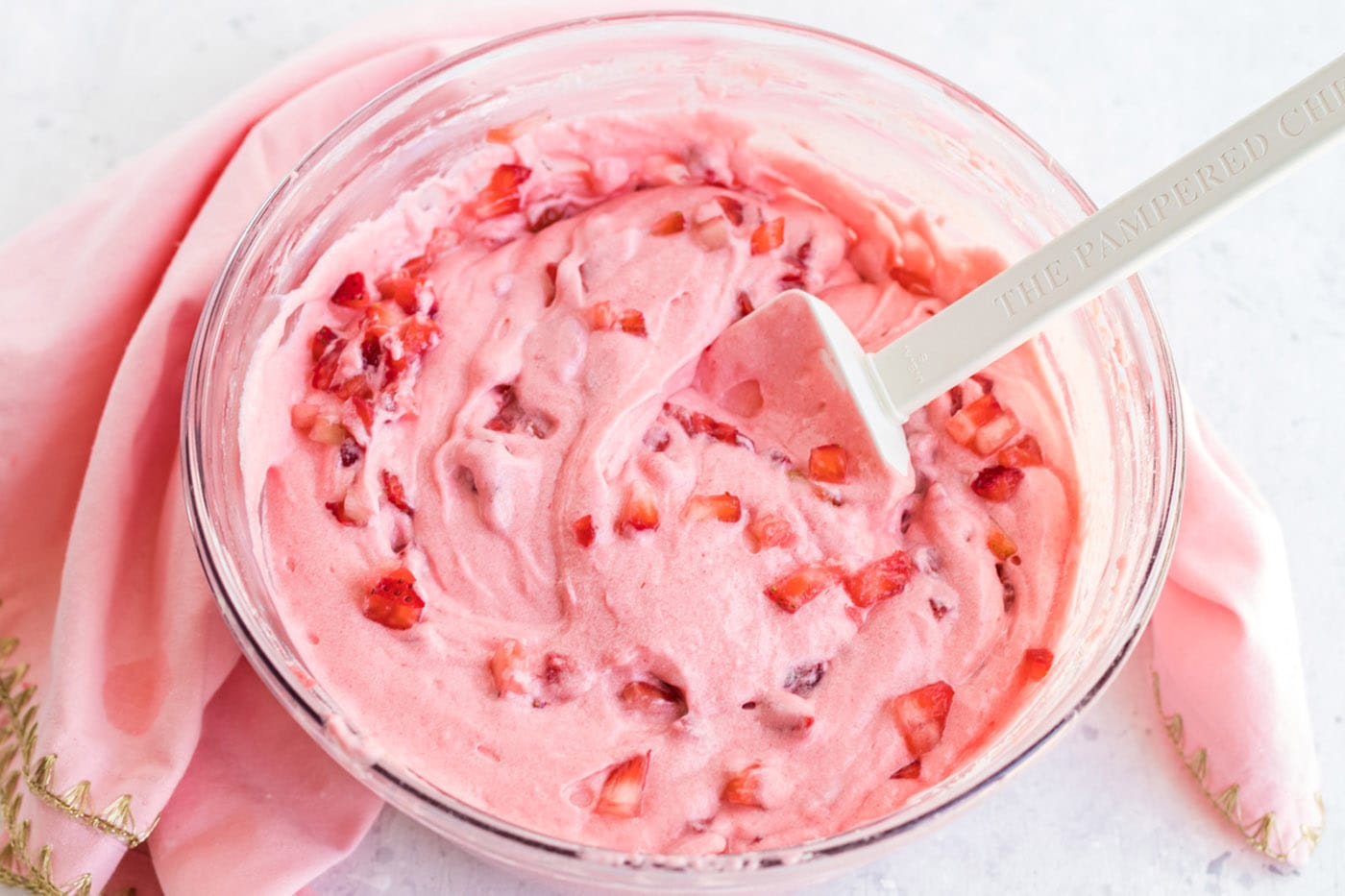 Chopped strawberries added into the cake batter