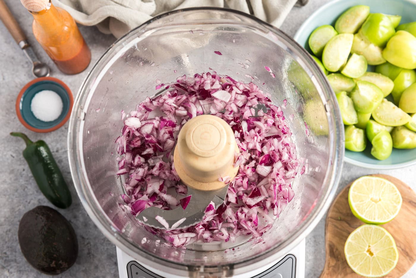 diced red onion in a food processor