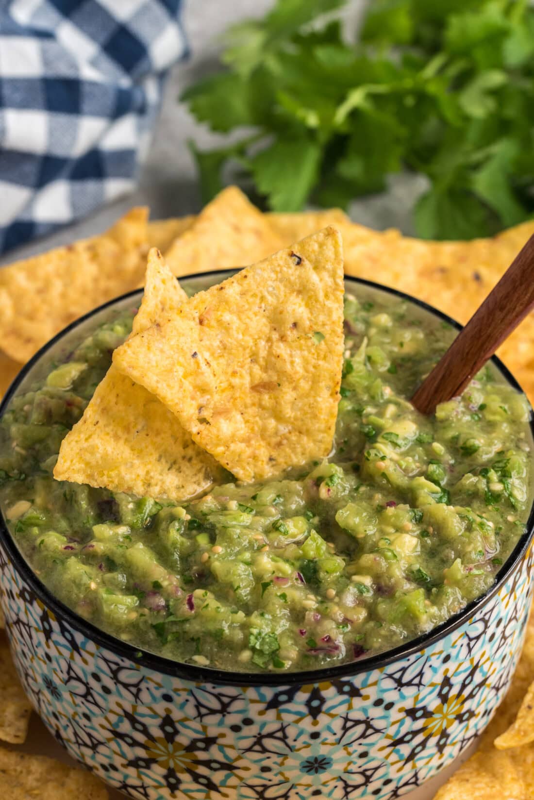Close up photo of a bowl of Tomatillo Onion Avocado Salsa with tortilla chips sticking out