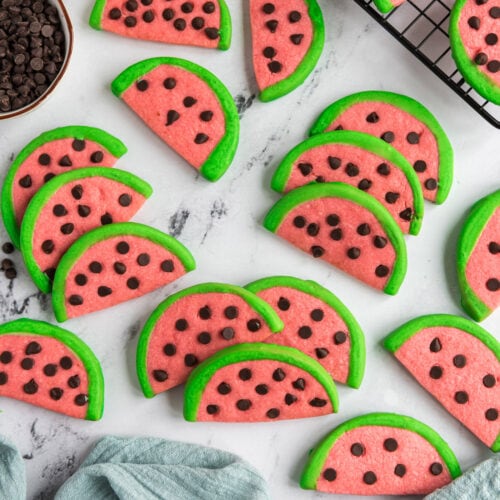 Overhead photo of Watermelon Cookies on a table