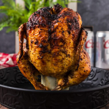 Beer Can Chicken resting in a metal serving tray
