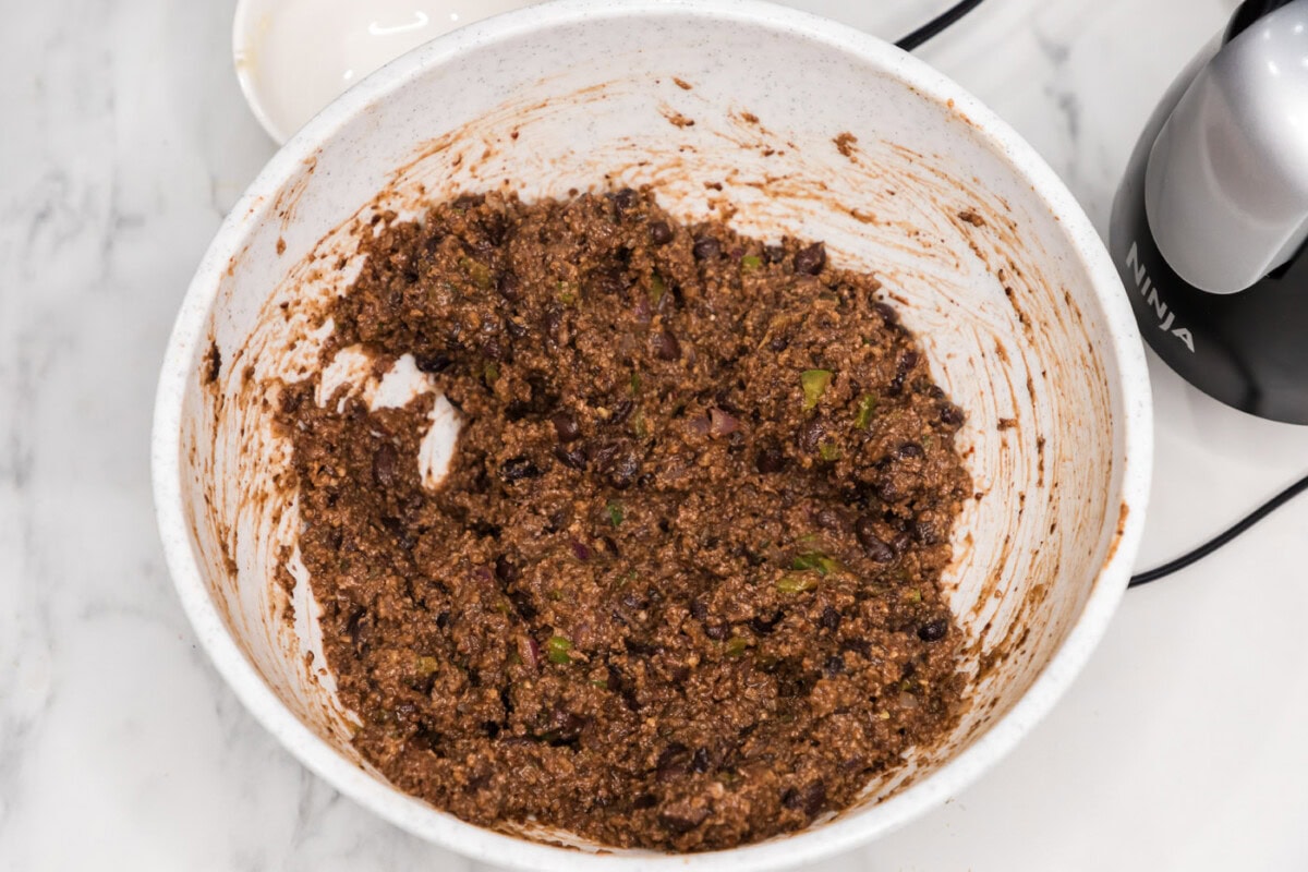 black bean burger mixture in a mixing bowl
