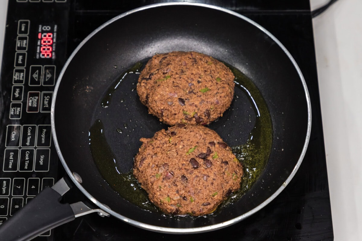 black bean burgers in a skillet
