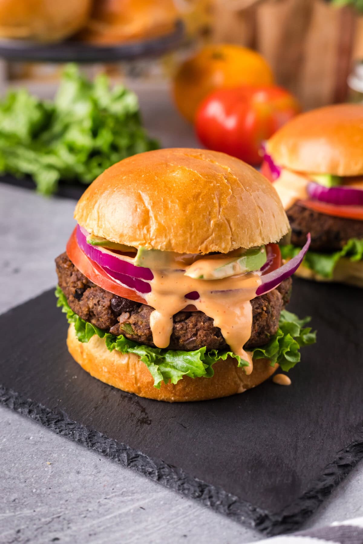 Black Bean Burger on a stone serving board