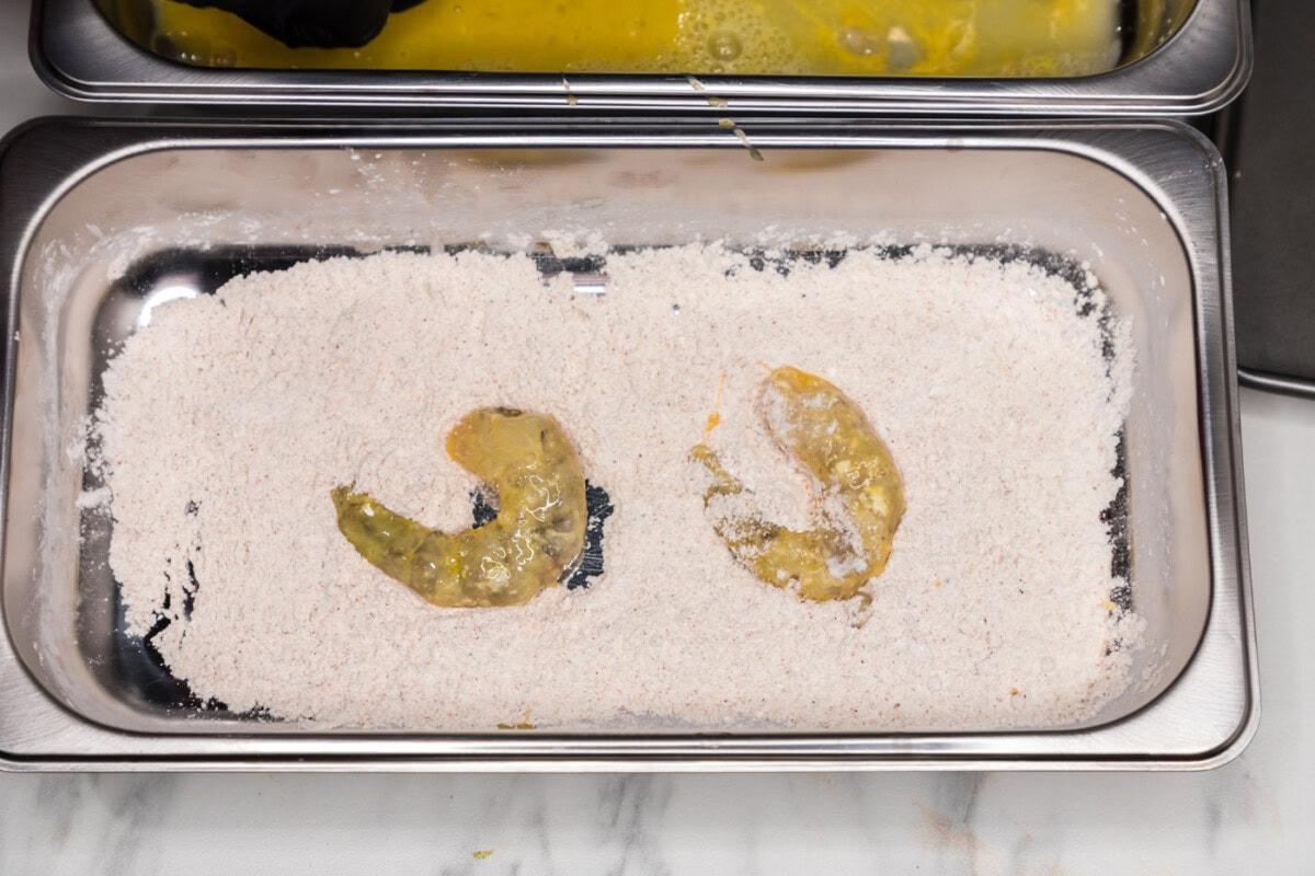 dredging shrimp in flour and egg