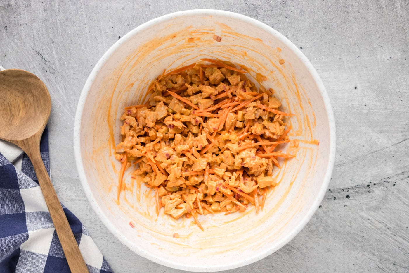 easy buffalo chicken salad in a mixing bowl