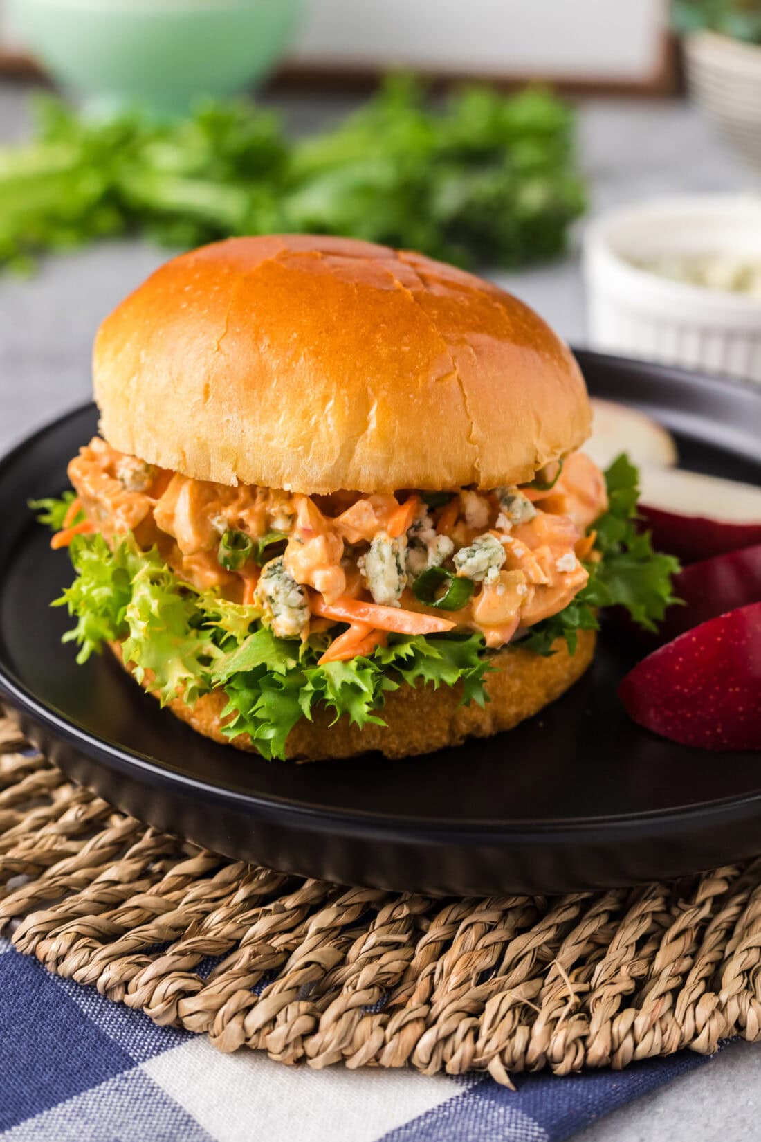 Buffalo Chicken Salad on a hamburger bun