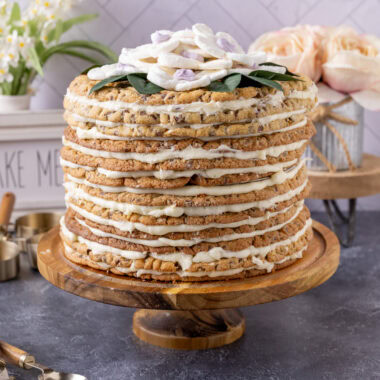 Chocolate Chip Cookie Tower on a wooden cake stand