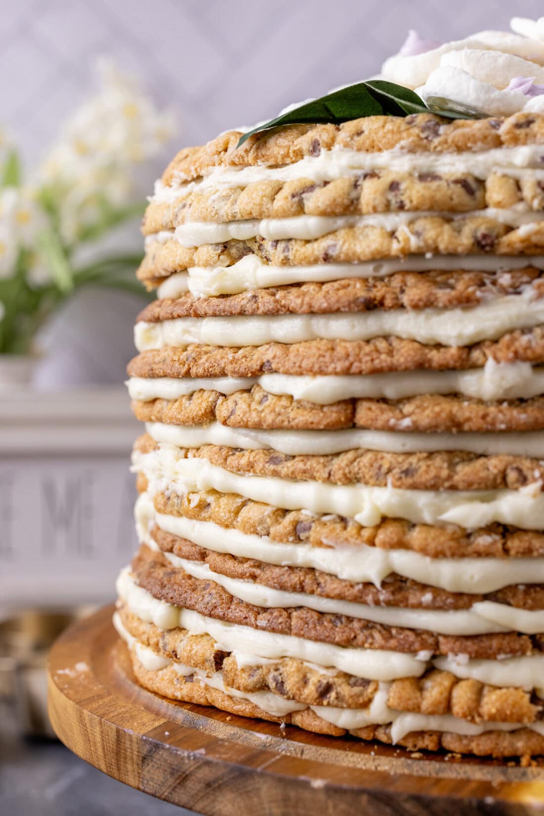 Close up photo of a Chocolate Chip Cookie Tower