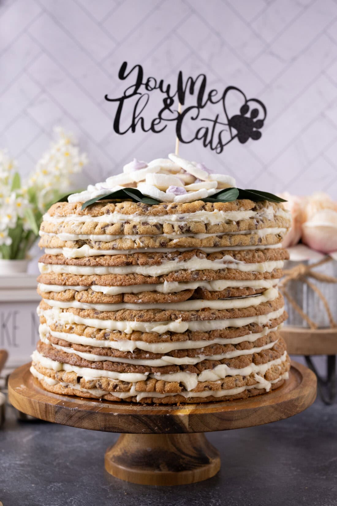 Chocolate Chip Cookie Tower with a cake toppers that says you me and the cats