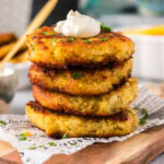 Close up photo of a stack of Cod Fish Cakes