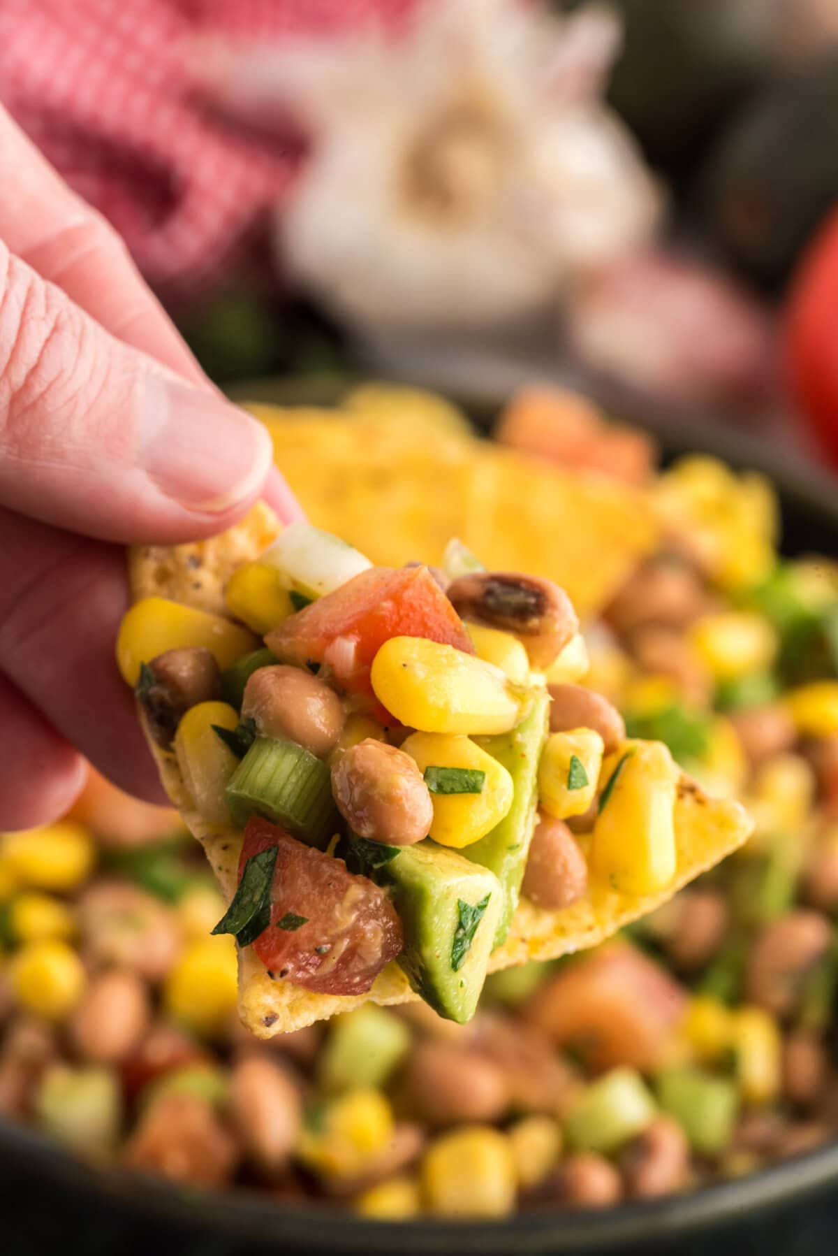 Cowboy Caviar on a tortilla chip
