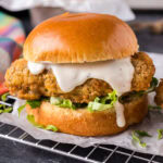 Close up photo of a Crispy Chicken Burger