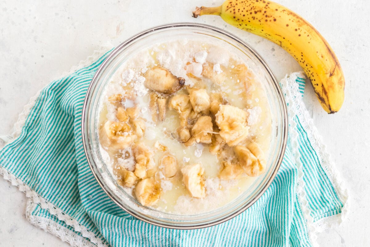 bananas in bowl with other cake ingredients
