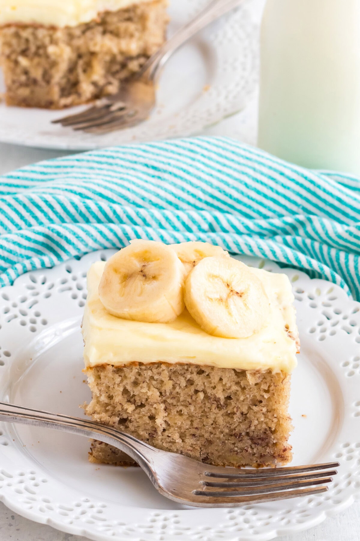 slice of banana cake on white plate
