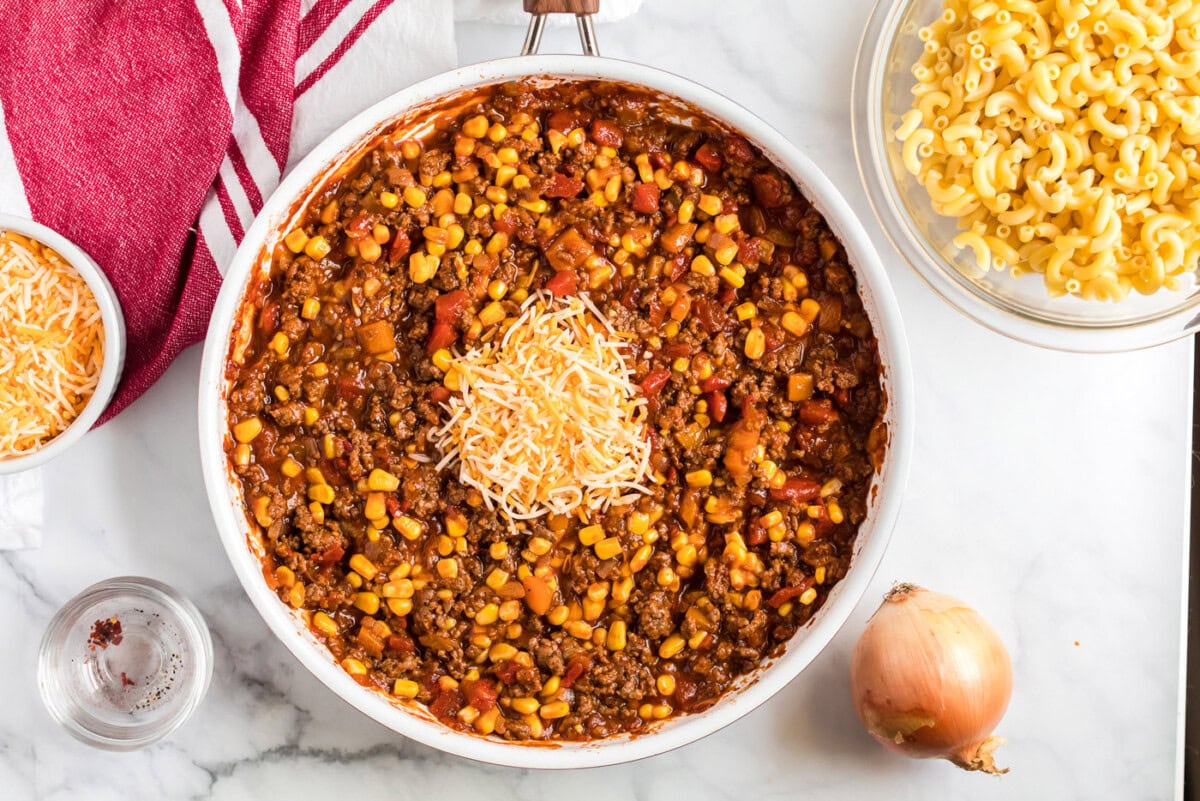 Cheese added to skillet of ground beef mixture