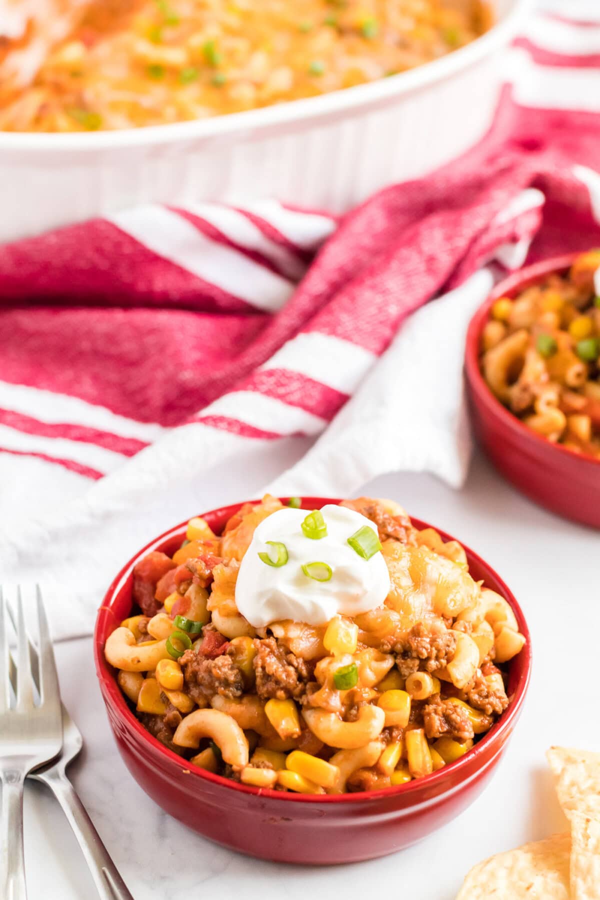 Bowl of ground beef casserole