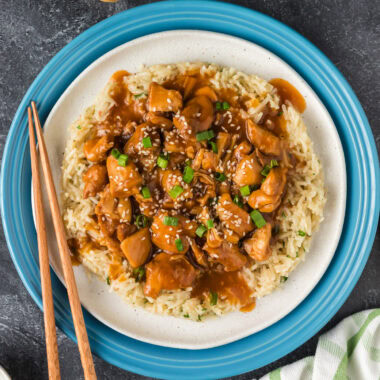 Close up photo of a plate of Instant Pot Bourbon Chicken