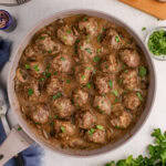 Overhead photo of a skillet of Salisbury Steak Meatballs