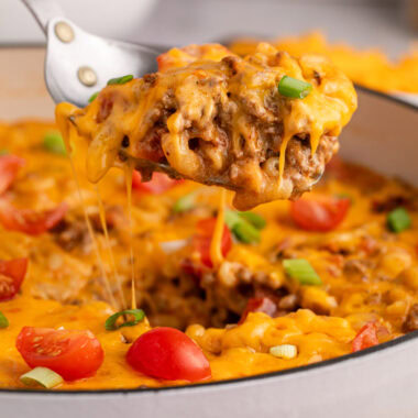 Close up photo of a spoonful of Taco Macaroni and Cheese