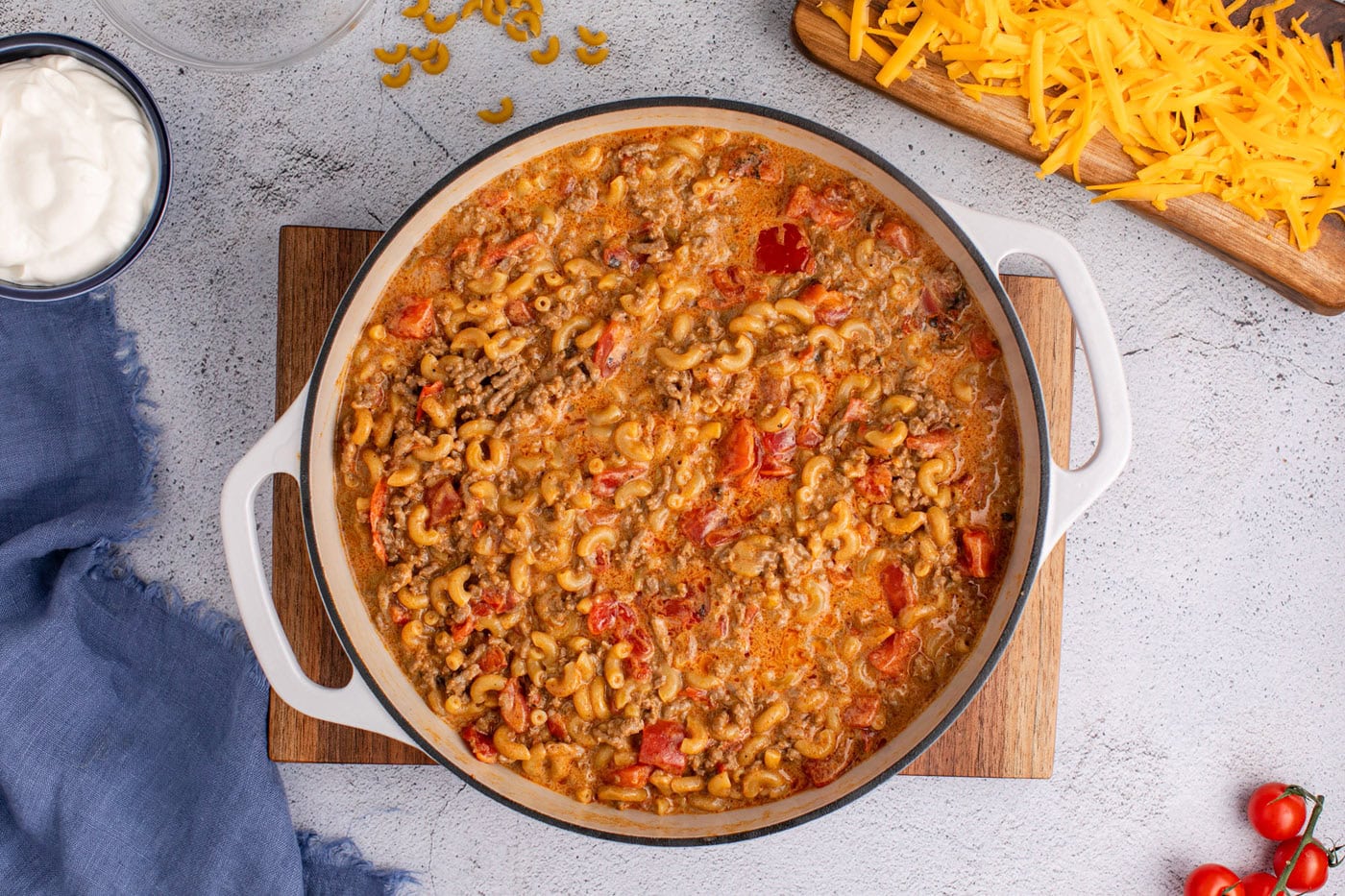 stirred taco mac in a skillet