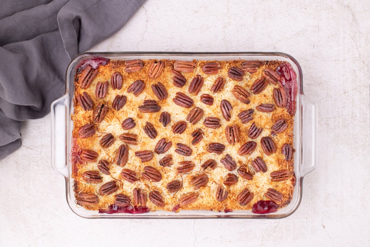 baked texas pie overhead in a baking dish