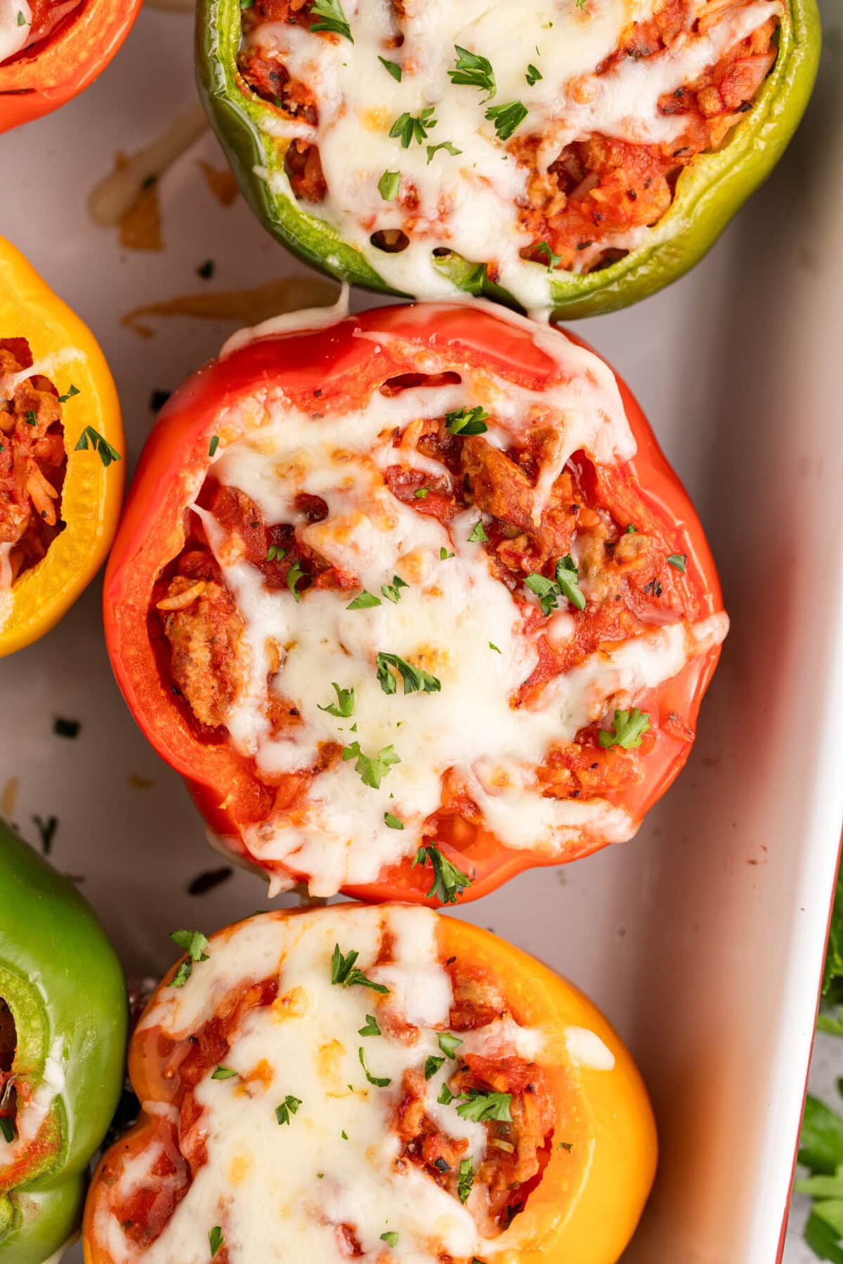 Overhead close up photo of Turkey Stuffed Peppers in a dish