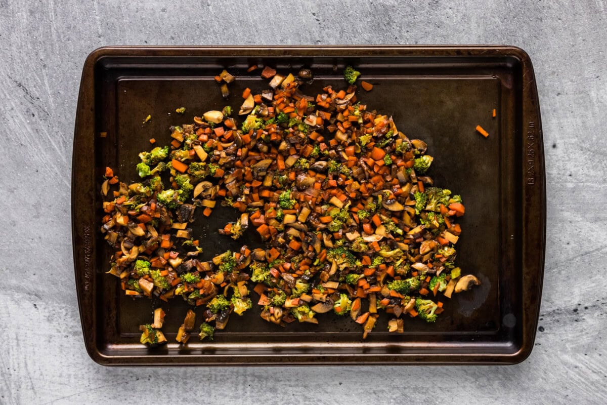 vegetable mixture cooling on a baking pan