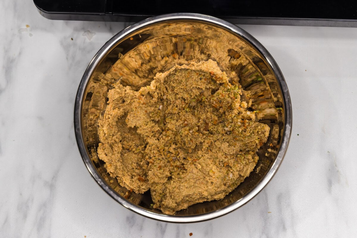 veggie burger mixture in a mixing bowl