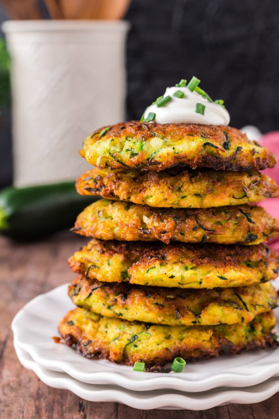 Close up photo of a stack of Zucchini Fritters