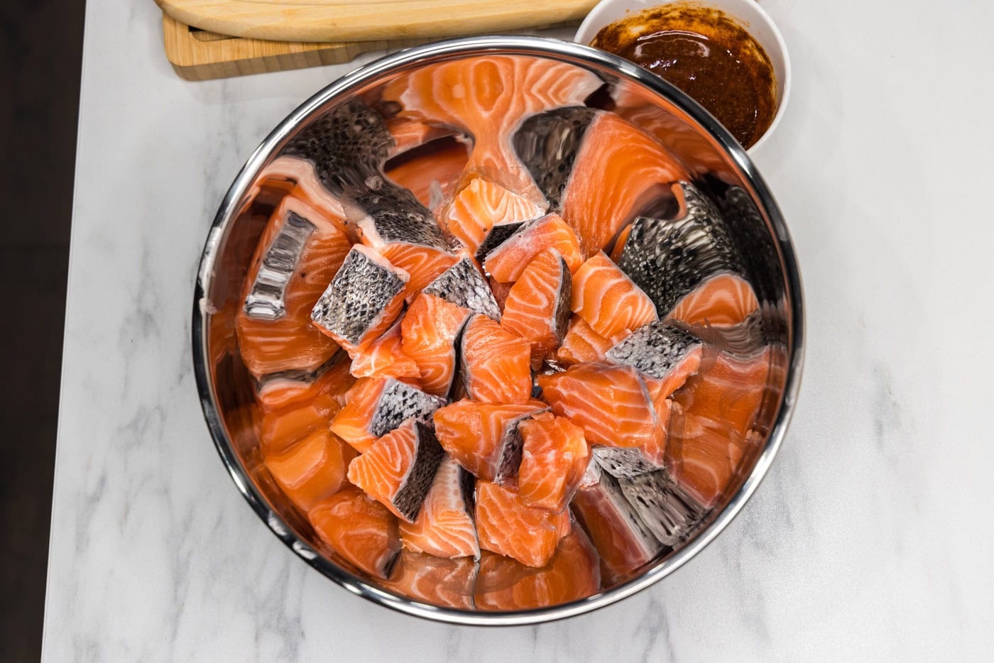 salmon cubes in a bowl