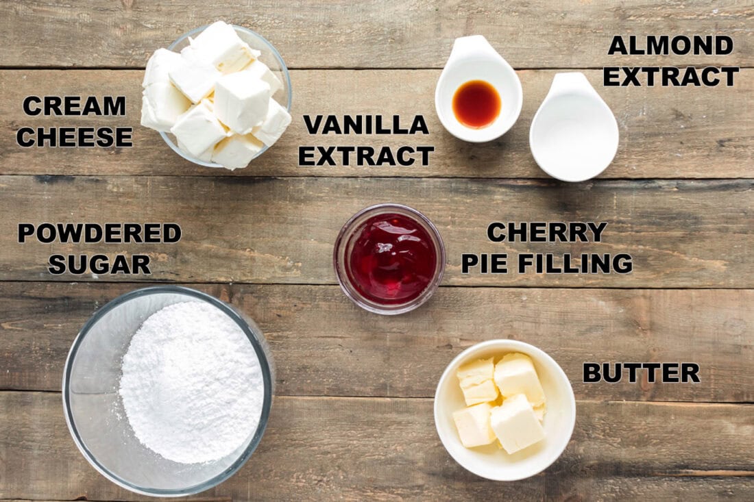 labeled ingredients needed for cherry cake frosting