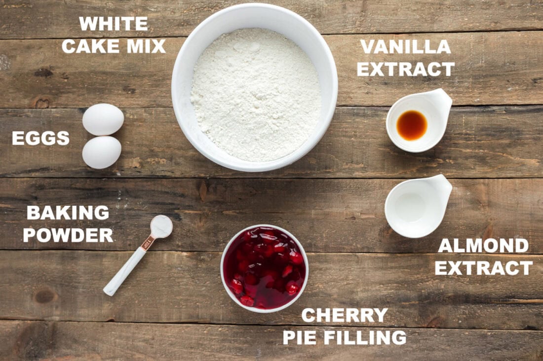 labeled ingredients needed for cherry cake