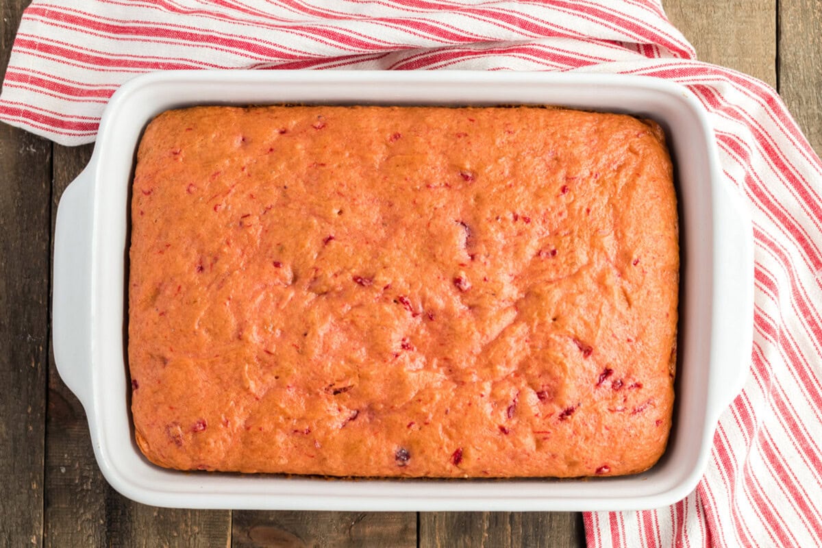 baked cherry cake in a white 13x9 pan