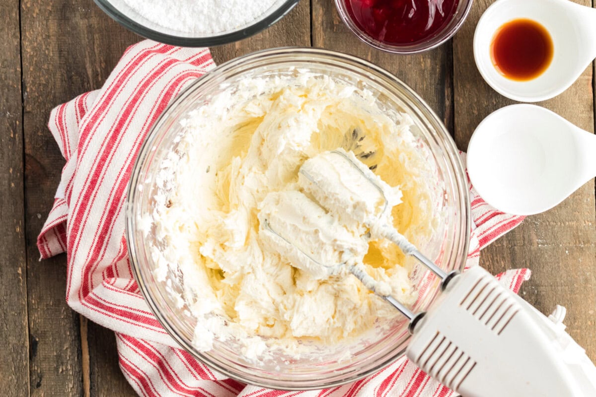 cream cheese and butter mixed in a bowl