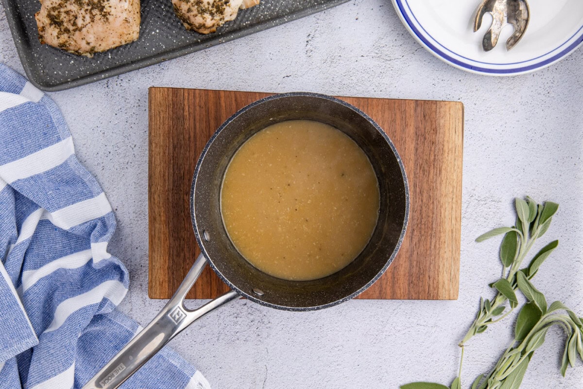 overhead of turkey gravy in a saucepan