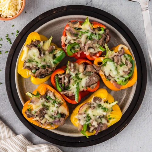 Close up photo of a plate of Philly Cheesesteak Stuffed Peppers