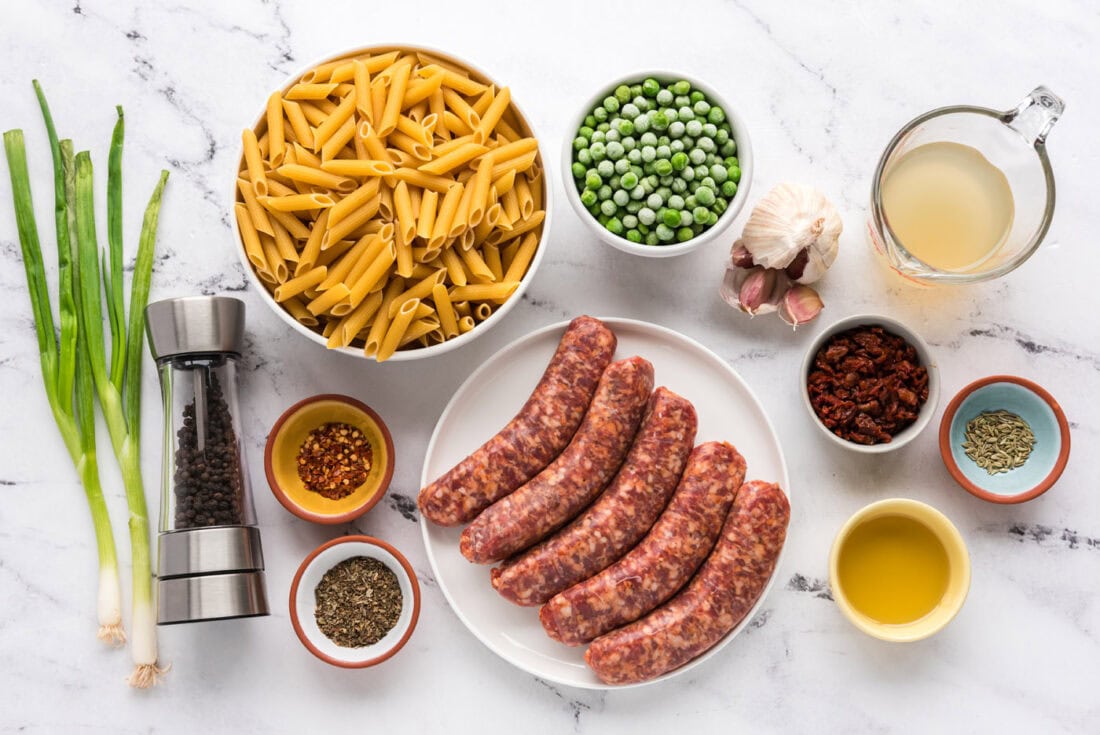 Ingredients for Sausage, Penne & Peas