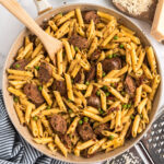 Sausage, Penne & Peas in a skillet